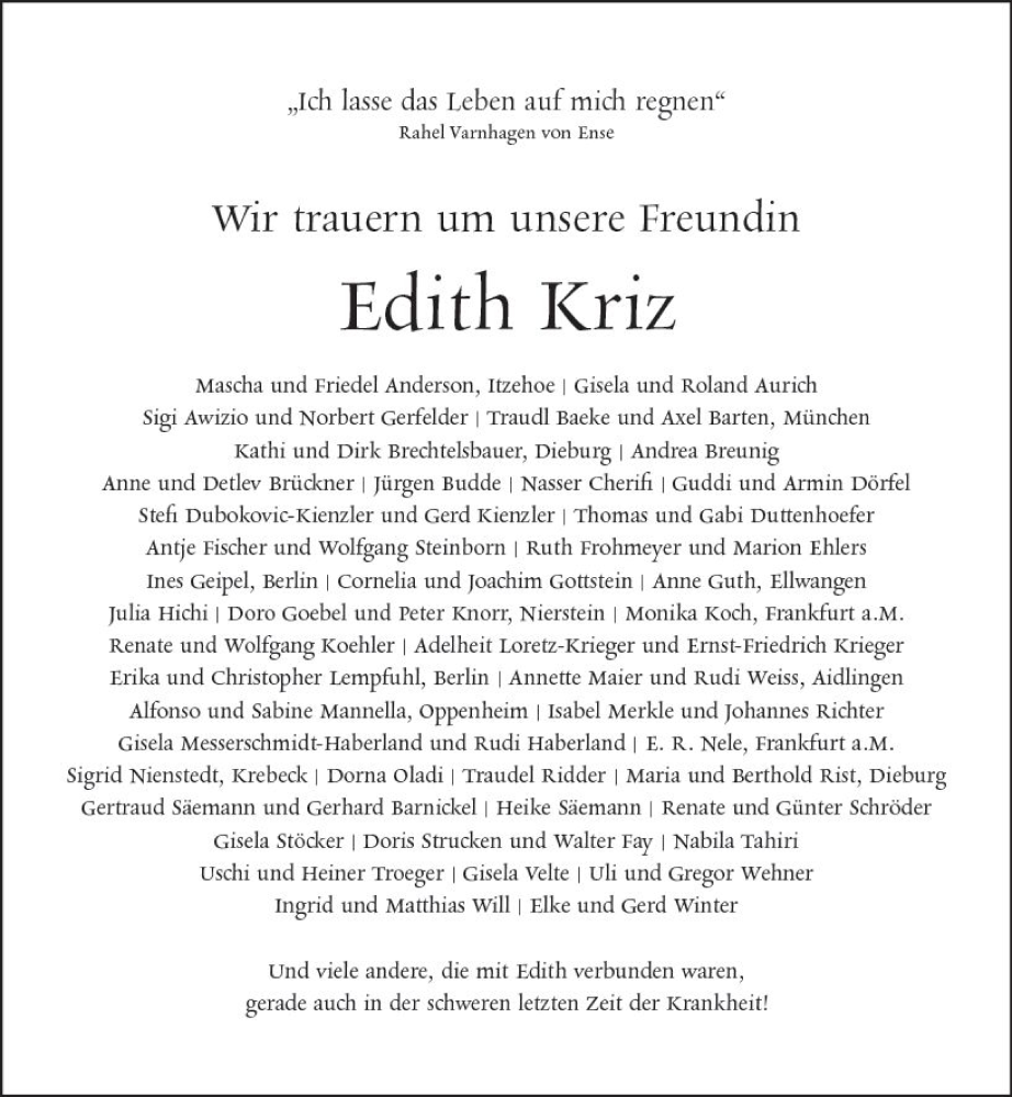  Traueranzeige für Edith Kriz vom 04.02.2023 aus Bergsträßer Anzeiger