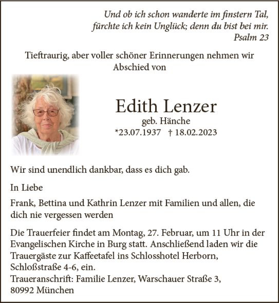  Traueranzeige für Edith Lenzer vom 24.02.2023 aus Dill Block