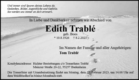 Traueranzeige von Edith Trablé von Allgemeine Zeitung Mainz