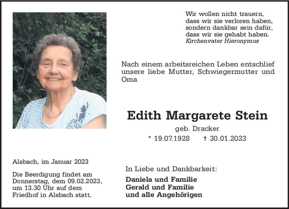  Traueranzeige für Edith Margarete Stein vom 04.02.2023 aus Darmstädter Echo
