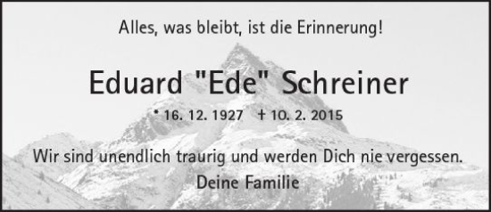 Traueranzeige von Eduard Schreiner von Wiesbadener Kurier gesamt