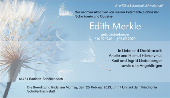 Traueranzeige von Eith Merkle von Odenwälder Echo