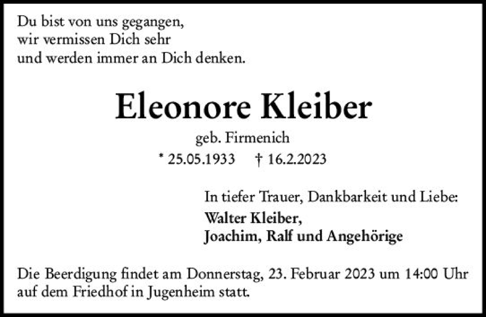  Traueranzeige für Eleonore Kleiber vom 21.02.2023 aus Darmstädter Echo