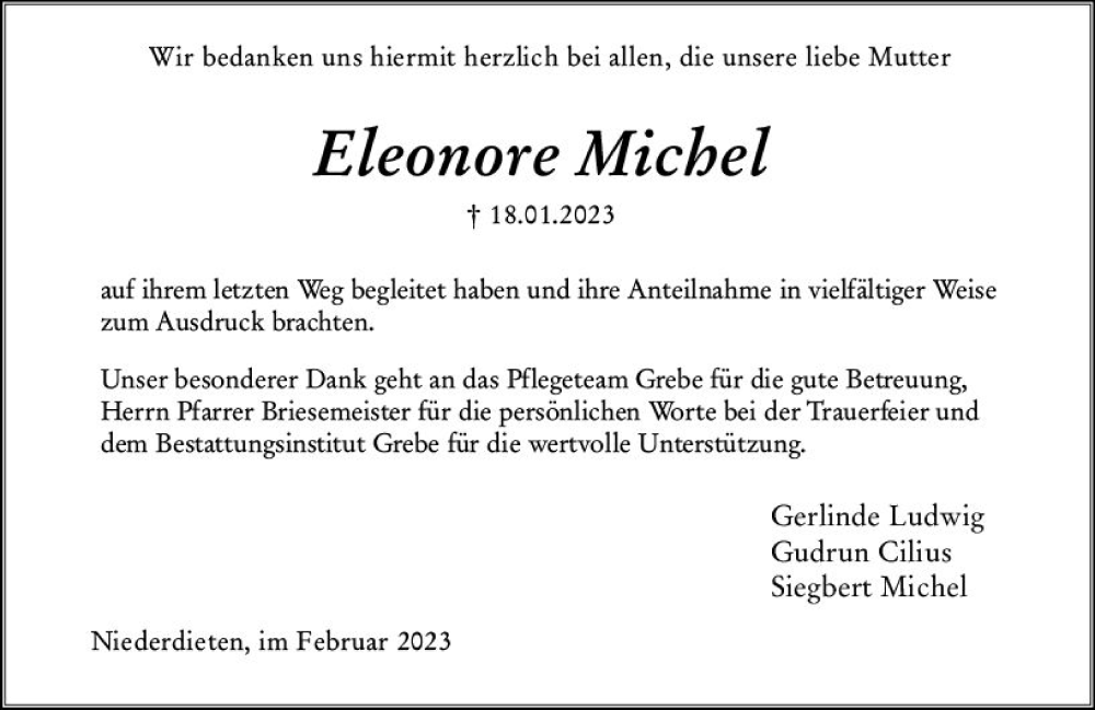  Traueranzeige für Eleonore Michel vom 25.02.2023 aus Hinterländer Anzeiger