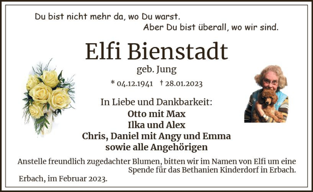  Traueranzeige für Elfi Bienstadt vom 04.02.2023 aus WK Rheingau