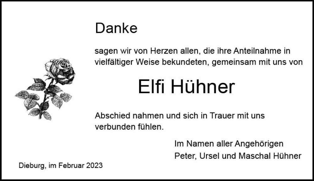  Traueranzeige für Elfi Hühner vom 25.02.2023 aus Dieburger Anzeiger/Groß-Zimmerner Lokal-Anzeiger