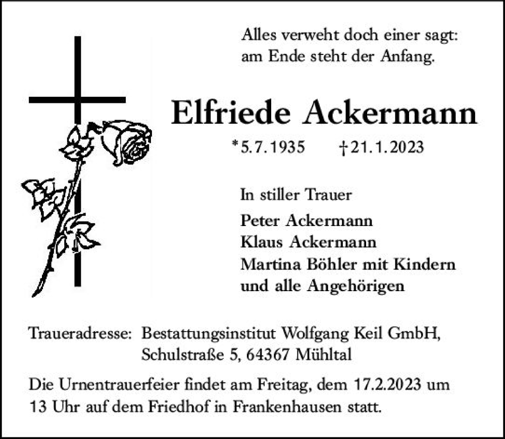  Traueranzeige für Elfriede Ackermann vom 11.02.2023 aus Darmstädter Echo