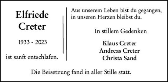 Traueranzeige von Elfriede Creter von Darmstädter Echo
