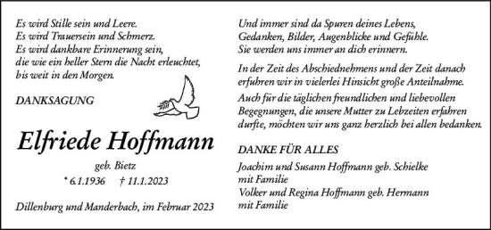 Traueranzeige von Elfriede Hoffmann von Dill Block