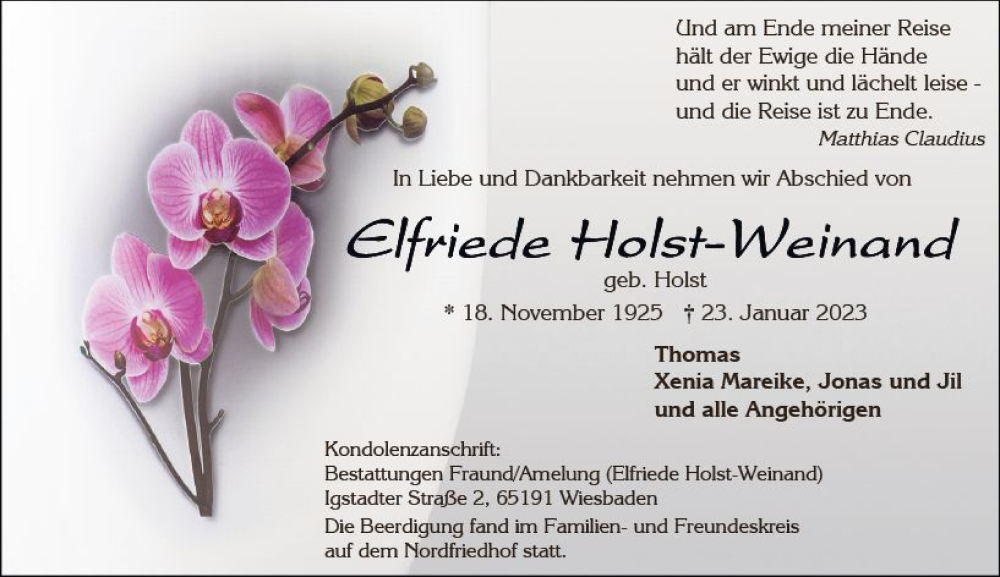  Traueranzeige für Elfriede Holst-Weinand vom 11.02.2023 aus Wiesbadener Kurier gesamt