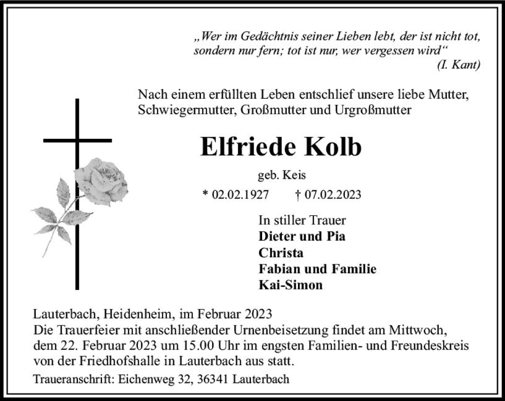  Traueranzeige für Elfriede Kolb vom 11.02.2023 aus VRM Trauer