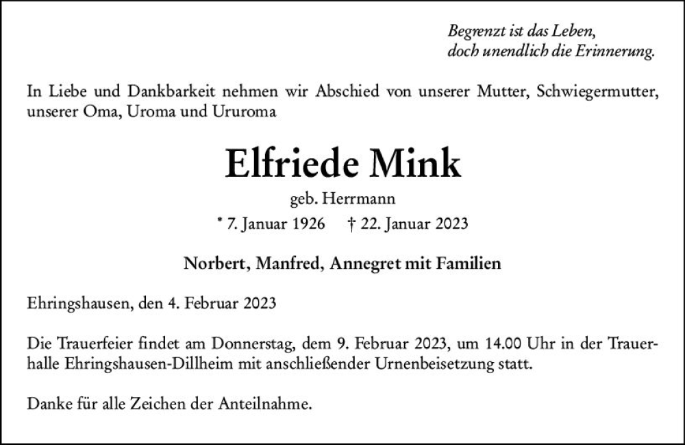  Traueranzeige für Elfriede Mink vom 04.02.2023 aus Wetzlarer Neue Zeitung
