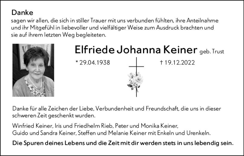  Traueranzeige für Elfriede Johanna Keiner vom 04.02.2023 aus Hinterländer Anzeiger