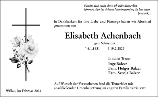 Traueranzeige von Elisabeth Achenbach von Hinterländer Anzeiger