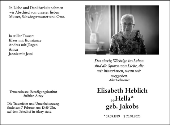 Traueranzeige von Elisabeth Heblich von Allgemeine Zeitung Alzey