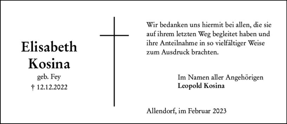  Traueranzeige für Elisabeth Kosina vom 18.02.2023 aus Hinterländer Anzeiger