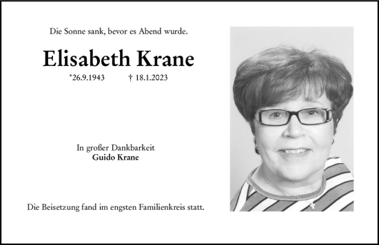Traueranzeige von Elisabeth Krane von Darmstädter Echo