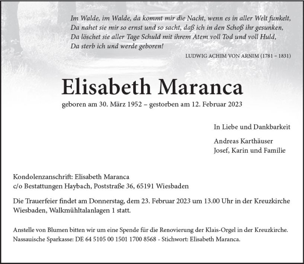  Traueranzeige für Elisabeth Maranca vom 18.02.2023 aus Wiesbadener Kurier