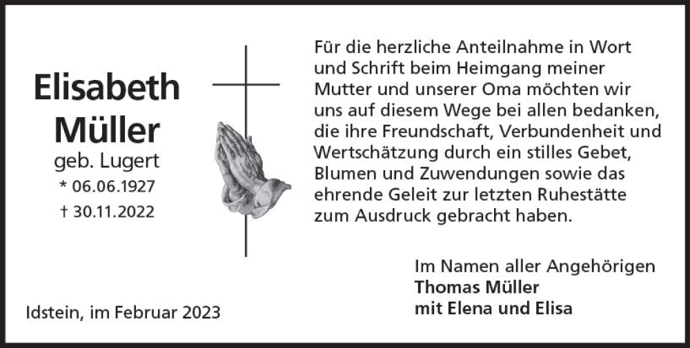  Traueranzeige für Elisabeth Müller vom 04.02.2023 aus Idsteiner Land / Untertaunus Kurier