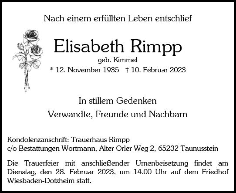  Traueranzeige für Elisabeth Rimpp vom 18.02.2023 aus Wiesbadener Kurier