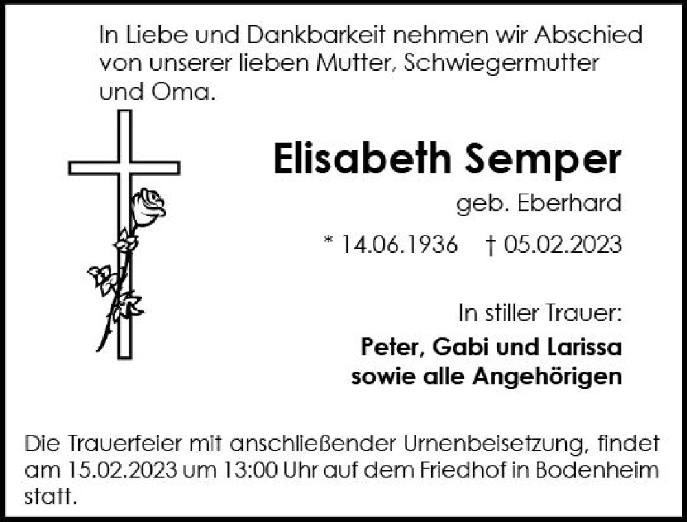  Traueranzeige für Elisabeth Semper vom 11.02.2023 aus Allgemeine Zeitung Mainz