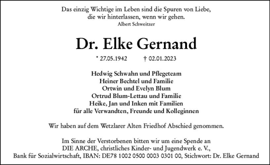 Traueranzeige von Elke Gernand von Wetzlarer Neue Zeitung