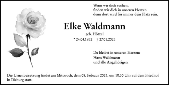 Traueranzeige von Elke Waldmann von DieburgerAnzeiger/Groß-Zimmerner Lokalanzeiger