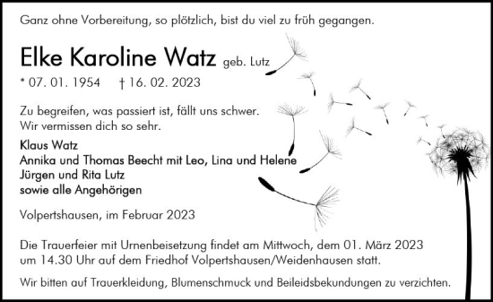 Traueranzeige von Elke Karoline Watz von Wetzlarer Neue Zeitung