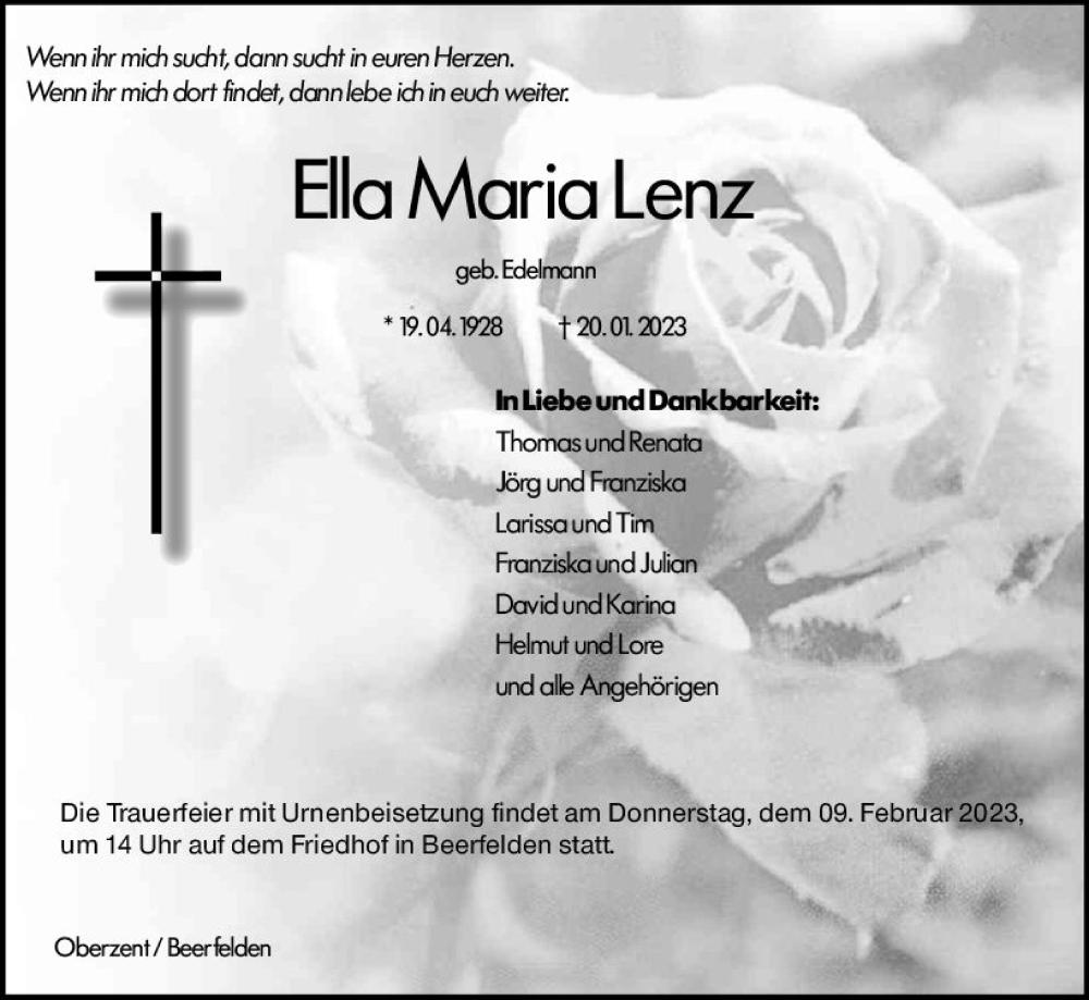  Traueranzeige für Ella Maria Lenz vom 04.02.2023 aus Odenwälder Echo