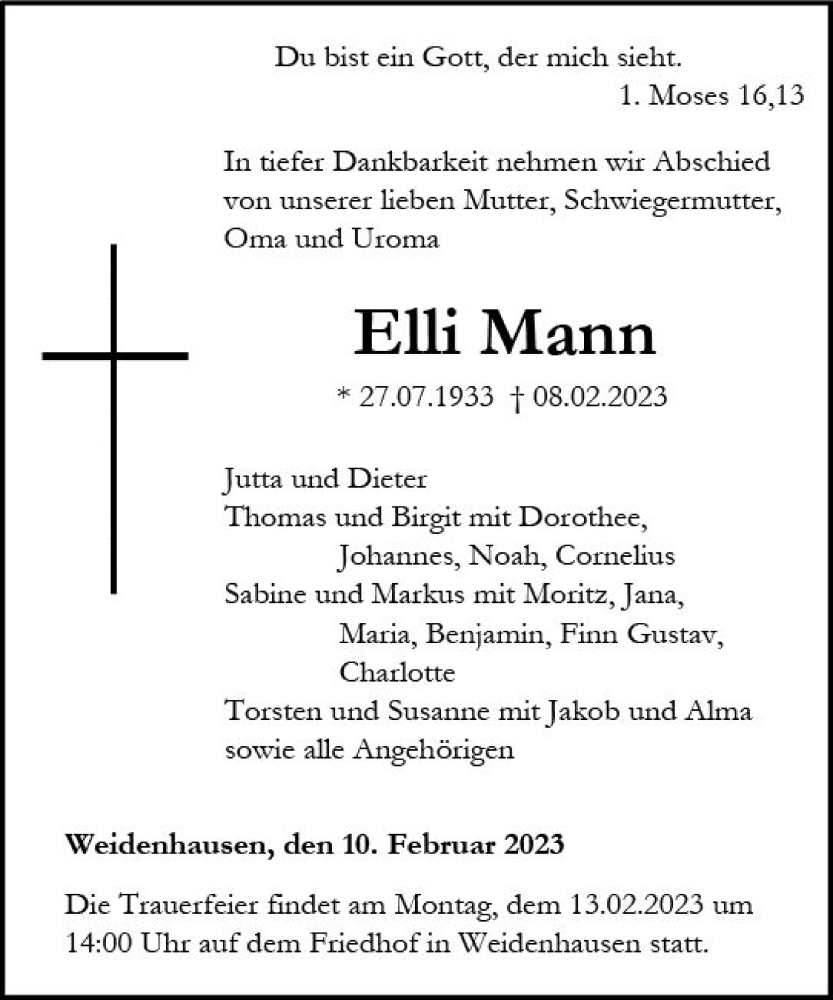  Traueranzeige für Elli Mann vom 10.02.2023 aus Hinterländer Anzeiger