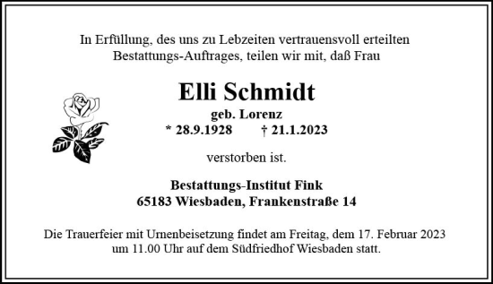 Traueranzeige von Elli Schmidt von Wiesbadener Kurier gesamt
