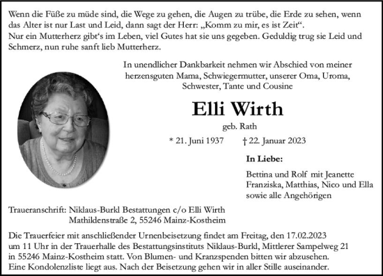 Traueranzeige von Elli Wirth von Allgemeine Zeitung Mainz
