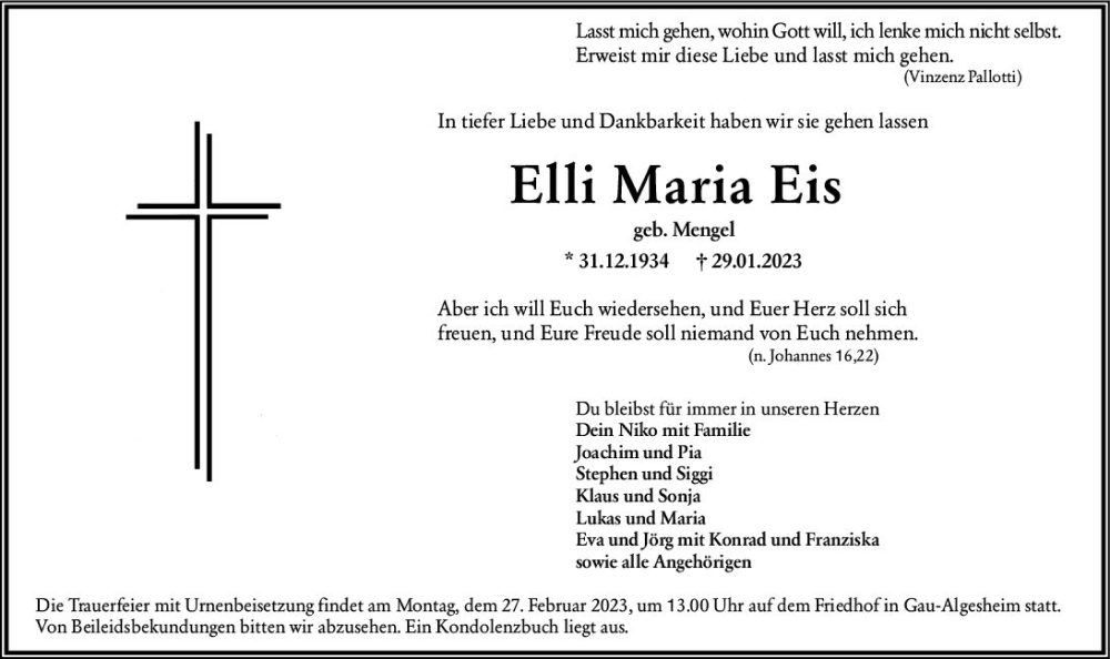  Traueranzeige für Elli Maria Eis vom 18.02.2023 aus Allgemeine Zeitung Bingen/Ingelheim