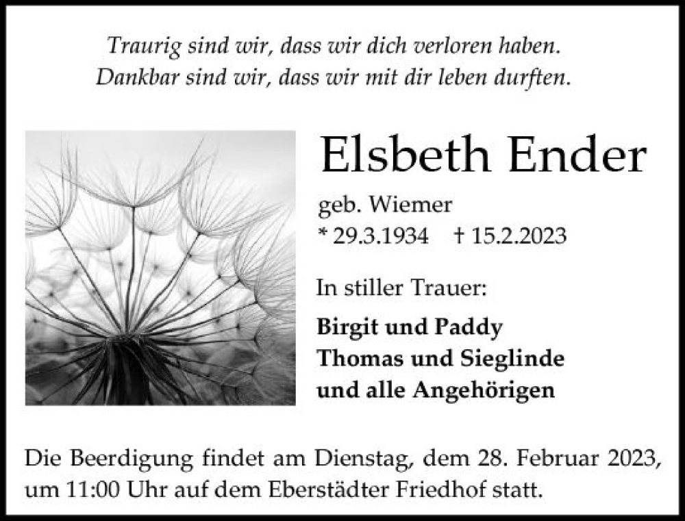  Traueranzeige für Elsbeth Ender vom 18.02.2023 aus Darmstädter Echo