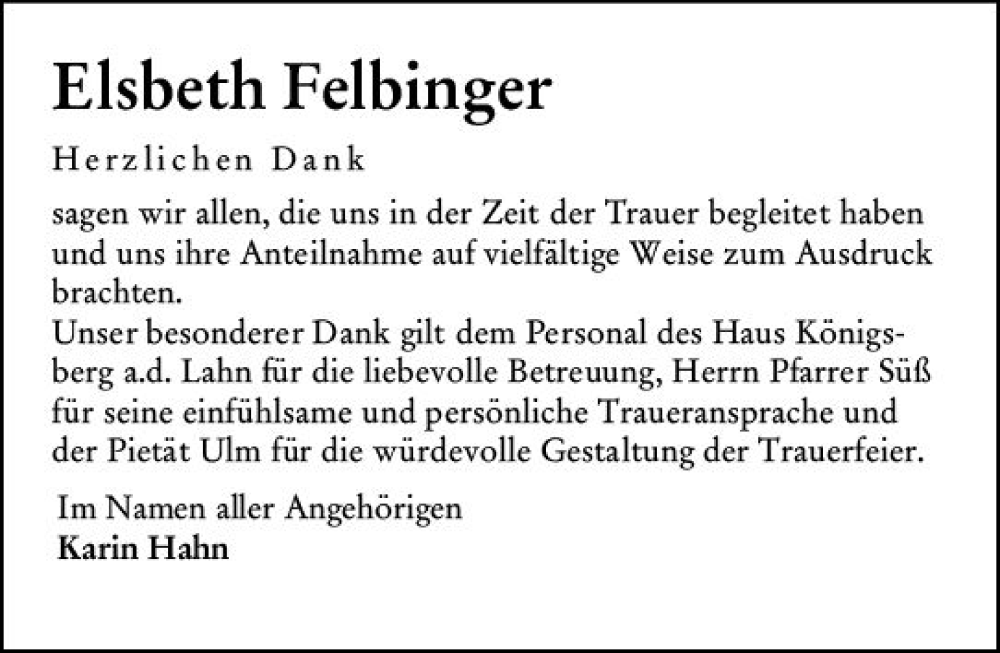  Traueranzeige für Elsbeth Felbinger vom 25.02.2023 aus Wetzlarer Neue Zeitung