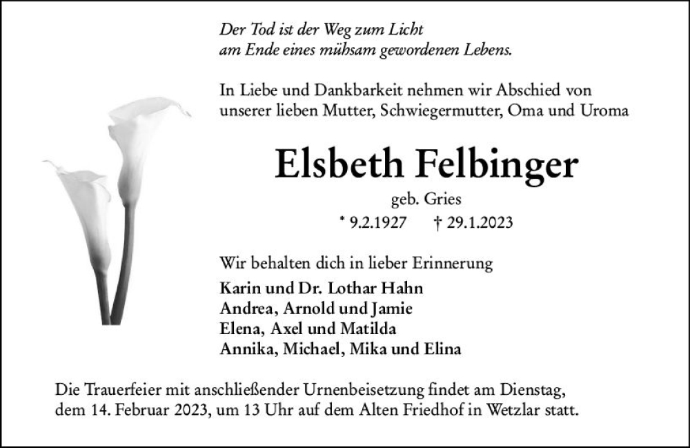  Traueranzeige für Elsbeth Felbinger vom 11.02.2023 aus Wetzlarer Neue Zeitung