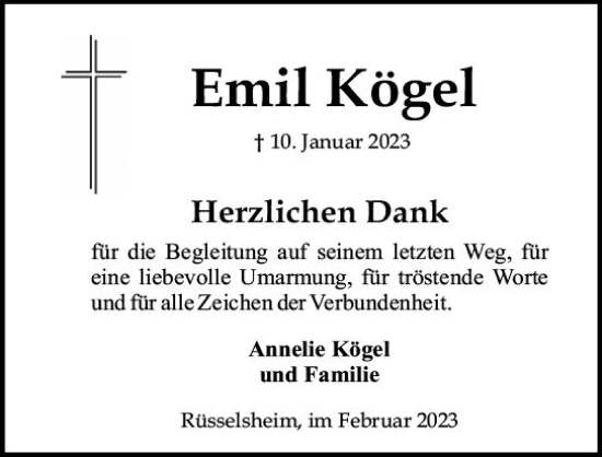 Traueranzeige von Emil Kögel von Rüsselsheimer Echo