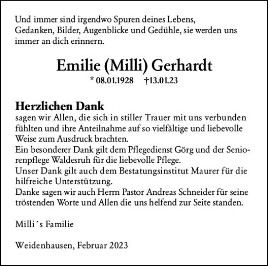 Traueranzeige von Emilie Gerhardt von Hinterländer Anzeiger