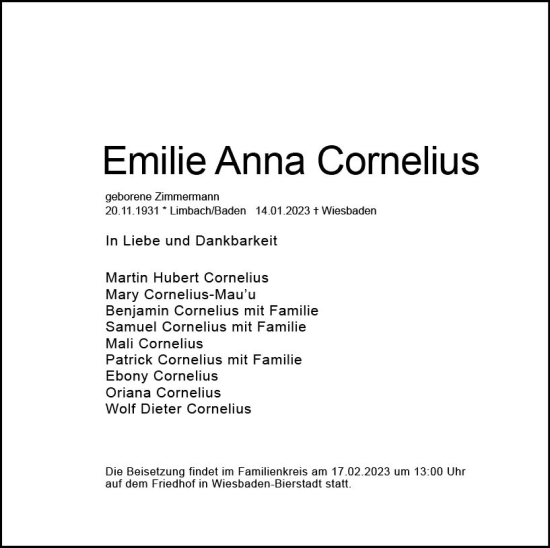 Traueranzeige von Emilie Anna Cornelius von Wiesbadener Kurier gesamt