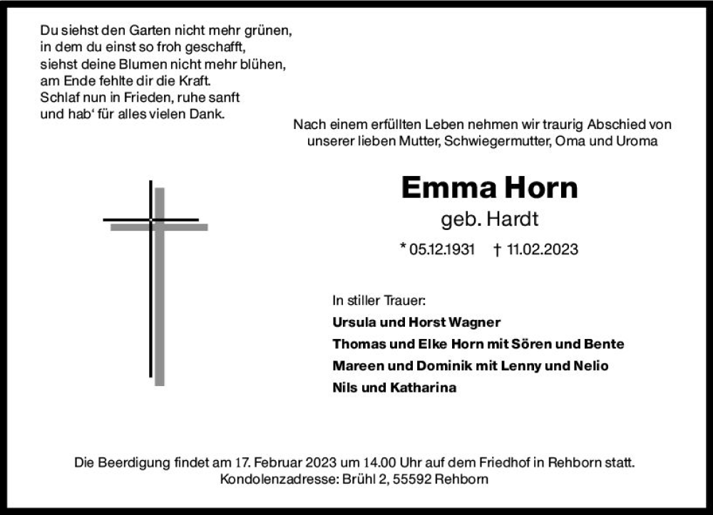  Traueranzeige für Emma Horn vom 14.02.2023 aus Allgemeine Zeitung Alzey