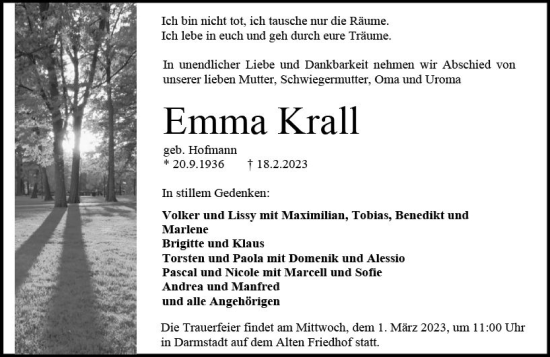 Traueranzeige von Emma Krall von Darmstädter Echo