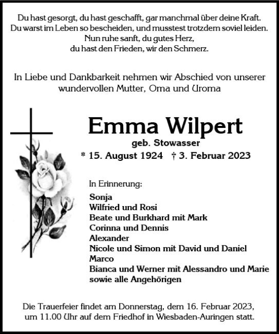 Traueranzeige von Emma Wilpert von Wiesbadener Kurier gesamt