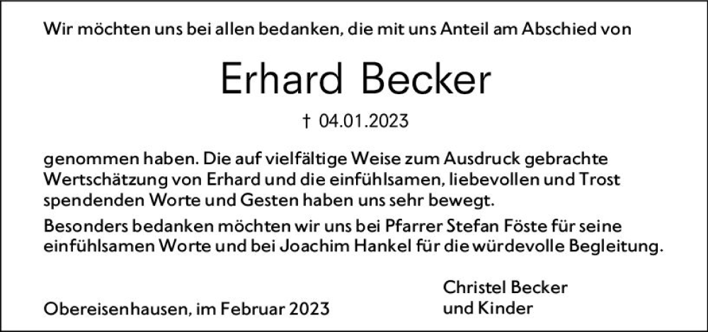  Traueranzeige für Erhard Becker vom 24.02.2023 aus Hinterländer Anzeiger