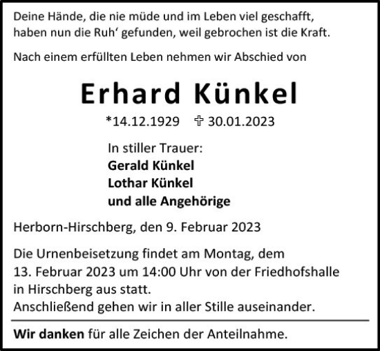 Traueranzeige von Erhard Künkel von Dill Block