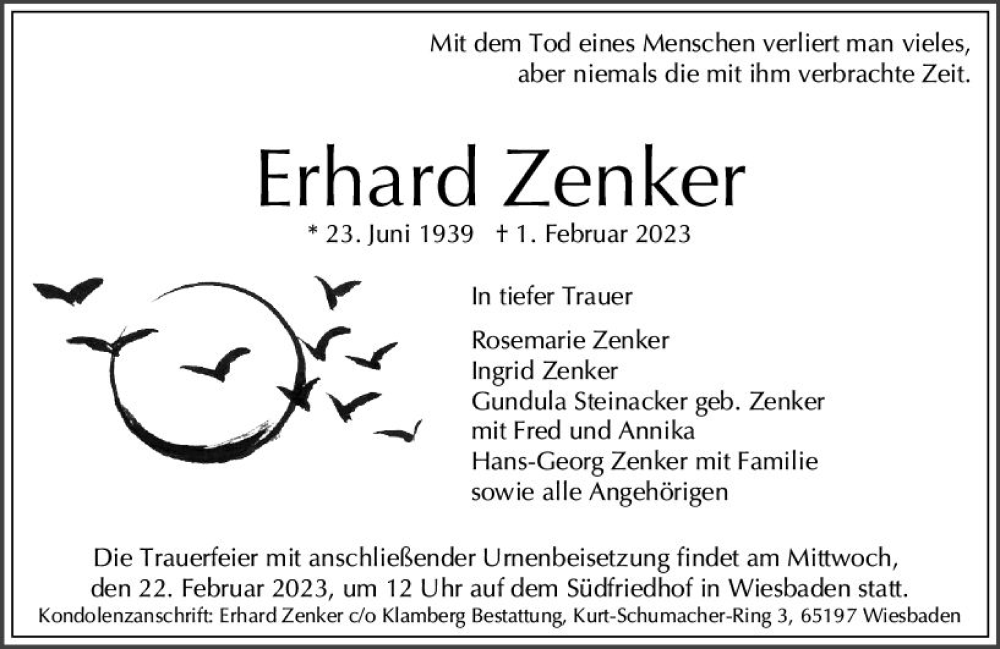  Traueranzeige für Erhard Zenker vom 18.02.2023 aus Wiesbadener Kurier