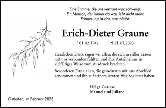 Traueranzeige von Erich-Dieter Graune von Wormser Zeitung