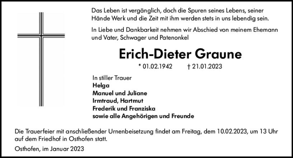  Traueranzeige für Erich-Dieter Graupe vom 04.02.2023 aus Wormser Zeitung