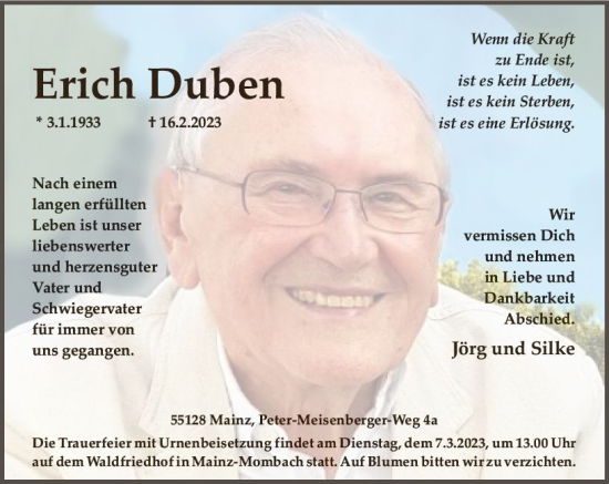 Traueranzeige von Erich Duben von Allgemeine Zeitung Mainz