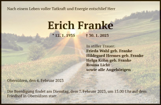 Traueranzeige von Erich Franke von Wormser Zeitung