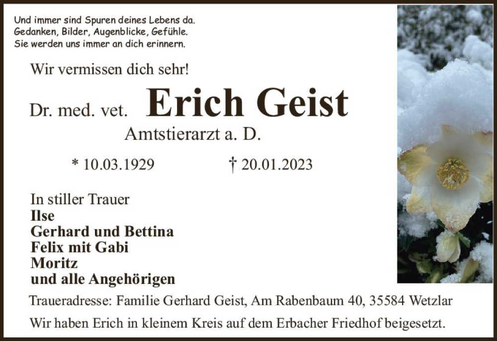  Traueranzeige für Erich Geist vom 04.02.2023 aus Odenwälder Echo